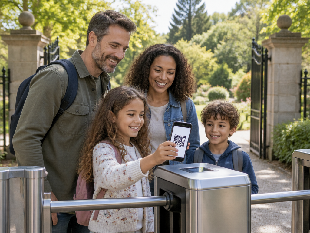 A family scanning a phone ticket at a park entrance