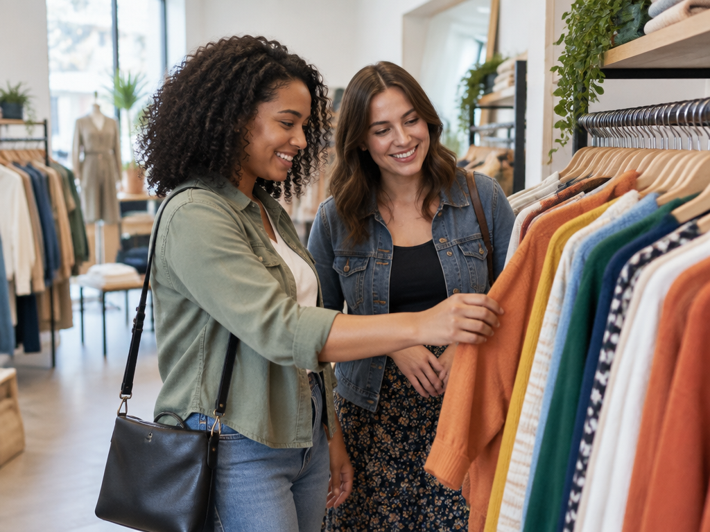 Two friends browsing a colourful clothes rail