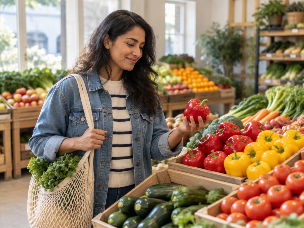 A shopper choosing fresh vegetables at a produce display