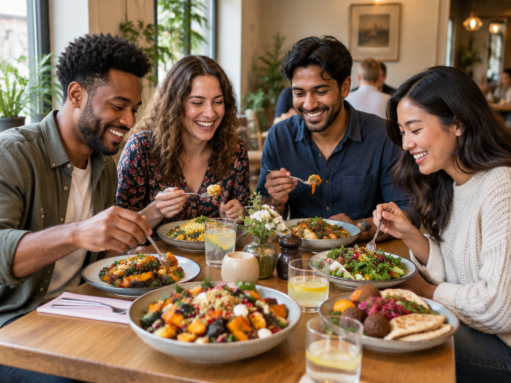 Friends sharing colourful dishes at a casual restaurant