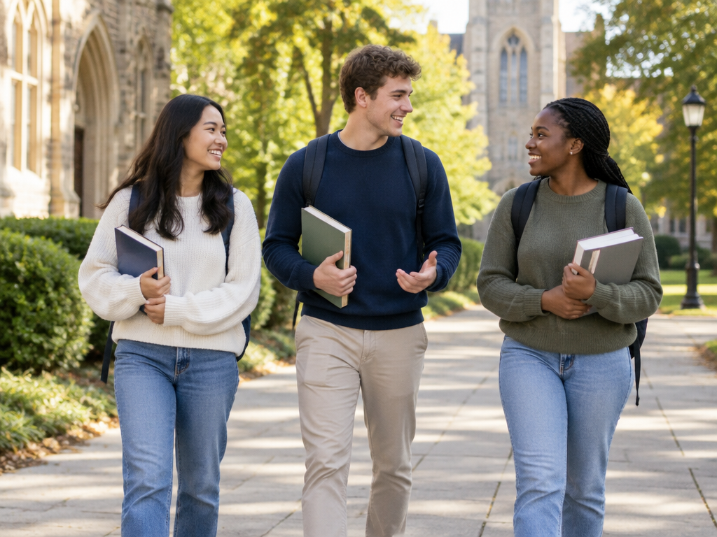 Three students carrying books and backpacks on a campus