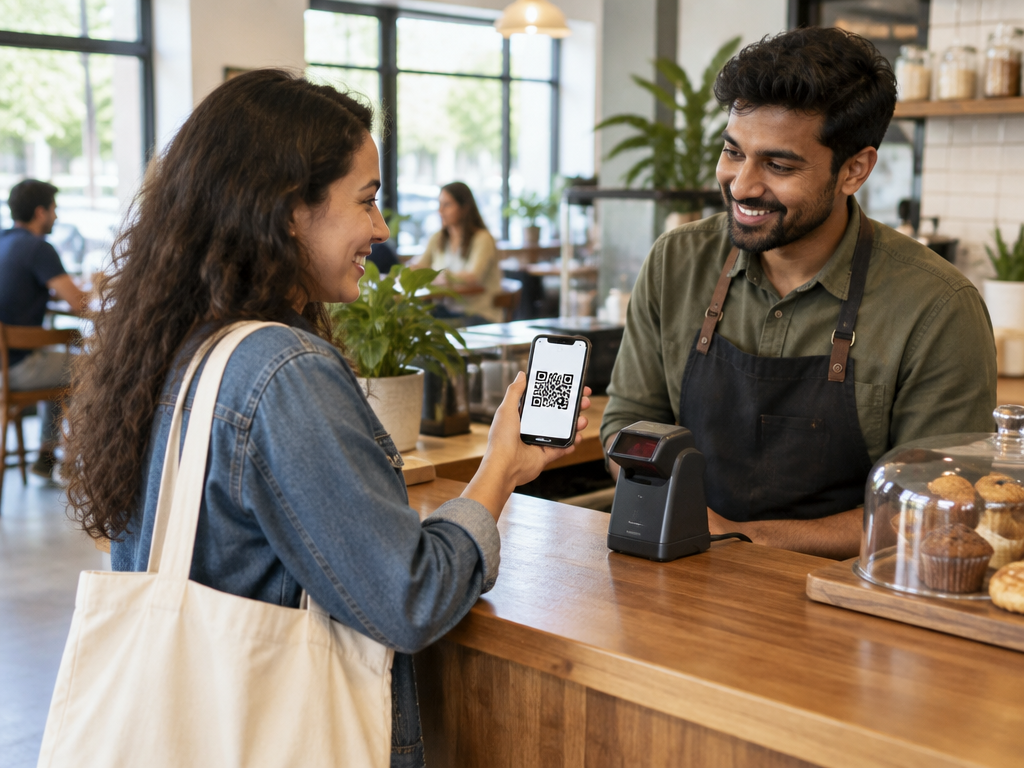 A customer showing a QR-style phone pattern to a café cashier