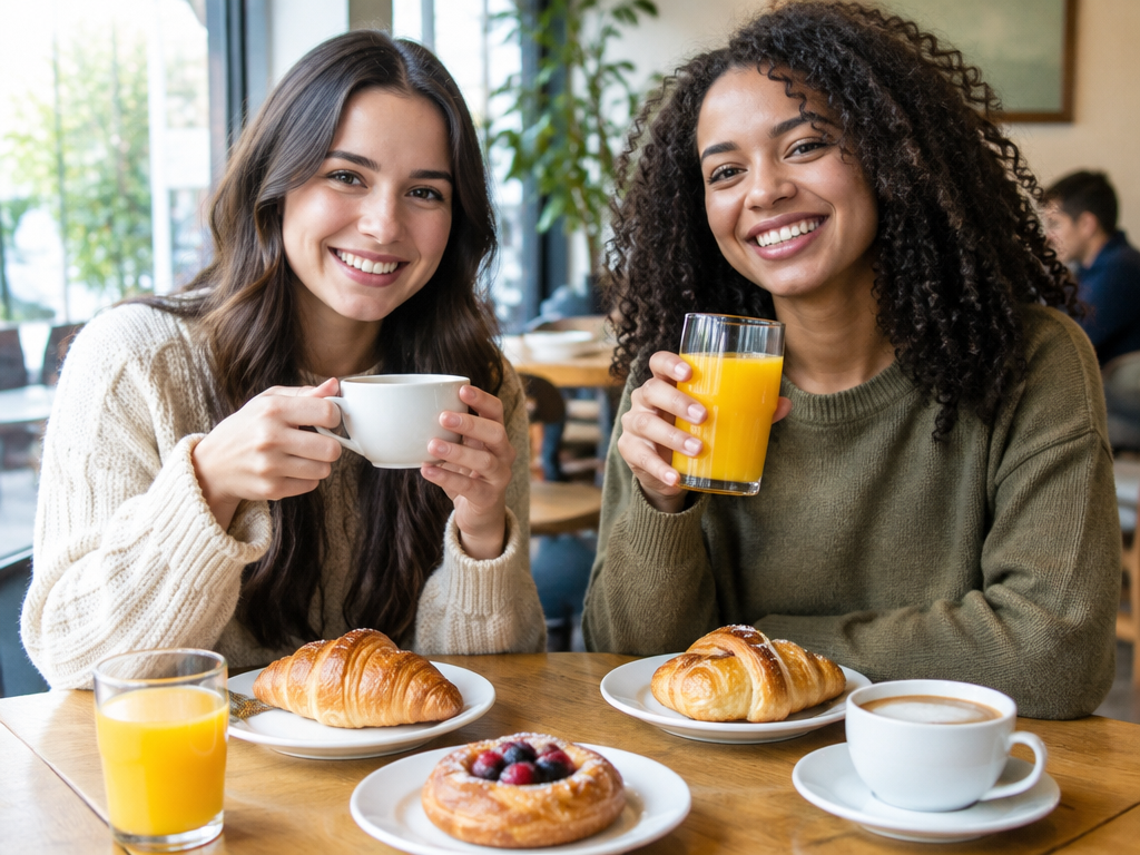 Two friends enjoying coffee, juice and pastries at a café table