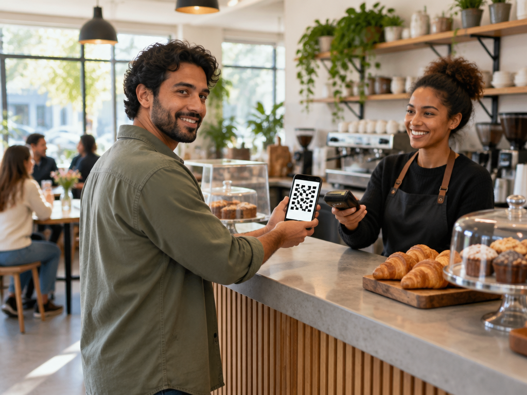 A customer showing an abstract QR-style pattern on their phone to a café cashier