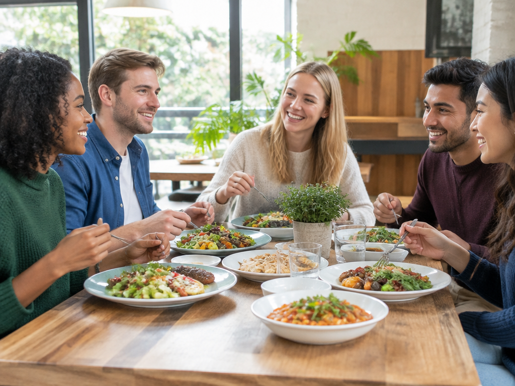 Friends sharing a meal at a casual restaurant table