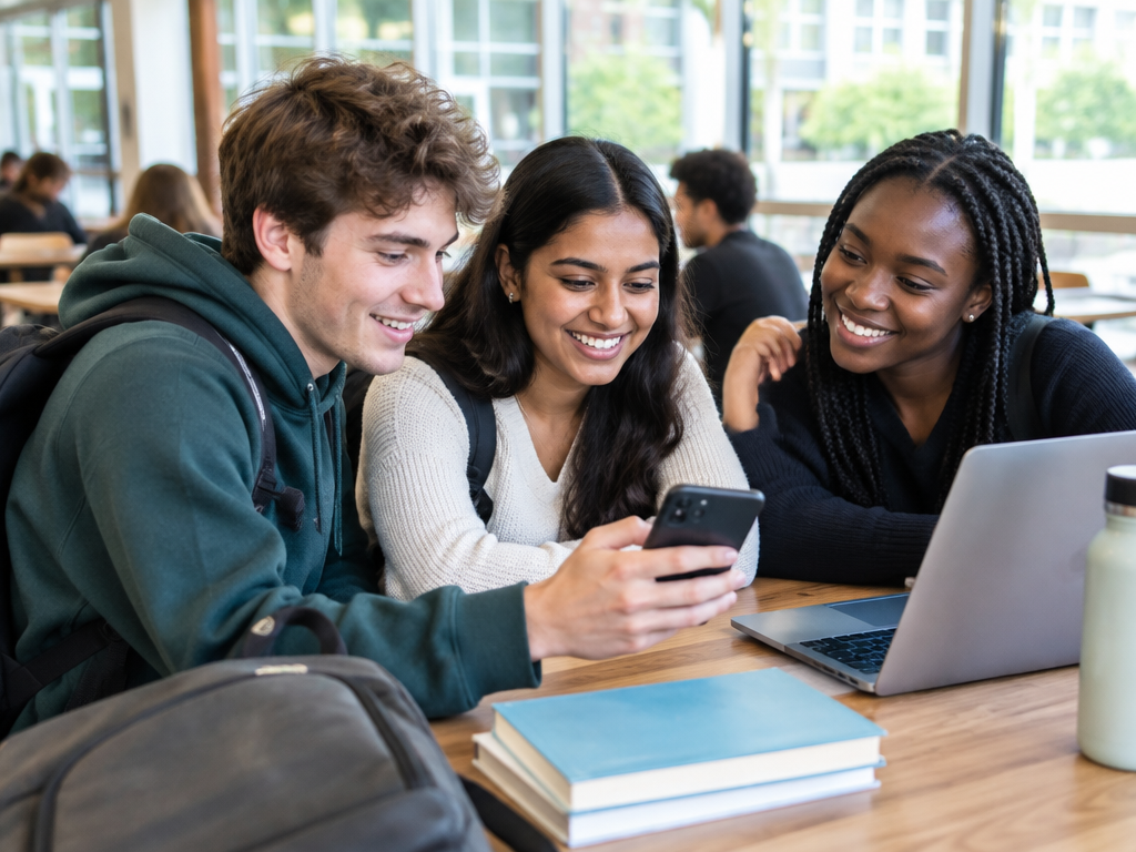 Three students looking at a phone together in a campus café